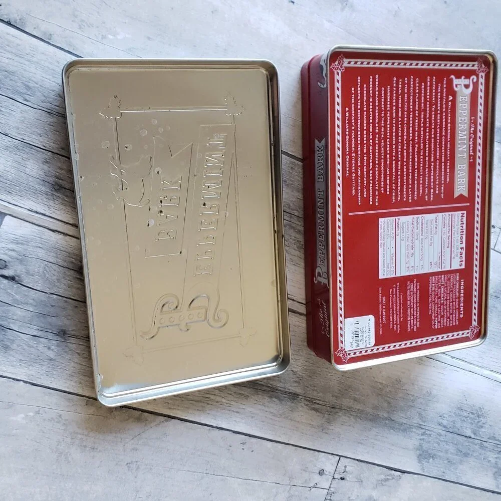 Williams Sonoma Peppermint Bark 1 lb. Tin, 8.5” long x 5.5” wide, EMPTY